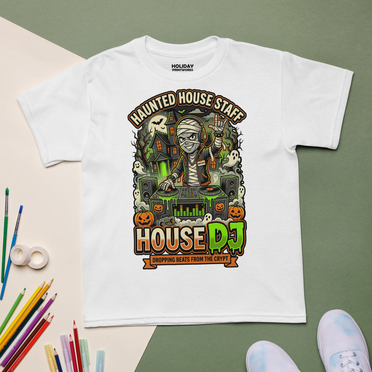 Haunted House Staff Brother “House DJ” Grey Youth T-Shirt with House DJ front design and matching BROTHER back graphic for Halloween family outfits
