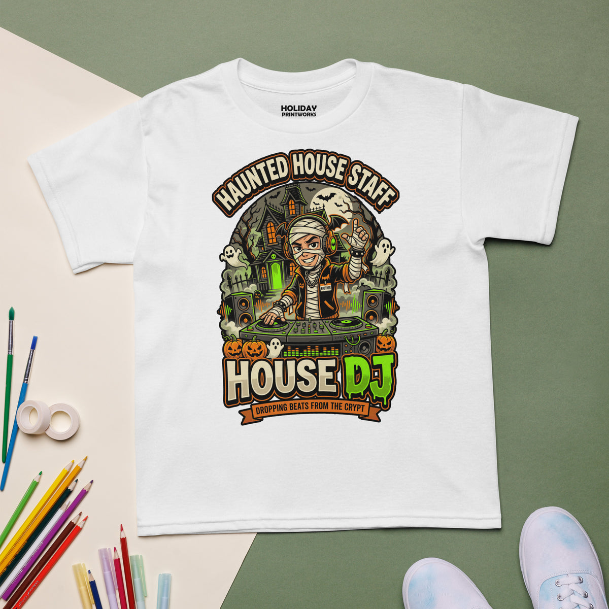 Haunted House Staff Brother “House DJ” Youth T-Shirt with House DJ front design and matching BROTHER back graphic for Halloween family outfits
