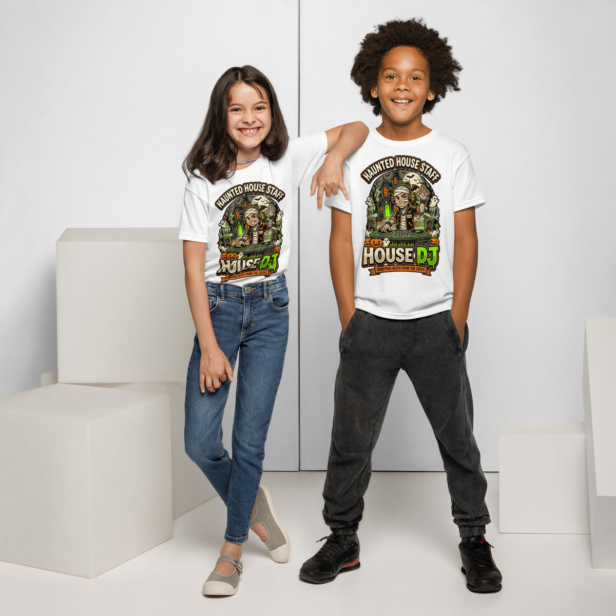 Haunted House Staff Brother “House DJ” Youth T-Shirt with House DJ front design and matching BROTHER back graphic for Halloween family outfits
