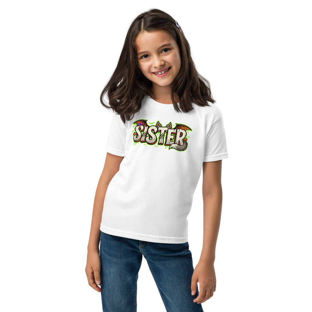 SISTER Halloween monster name Youth T-Shirt in Gold with spooky front lettering and blank back
