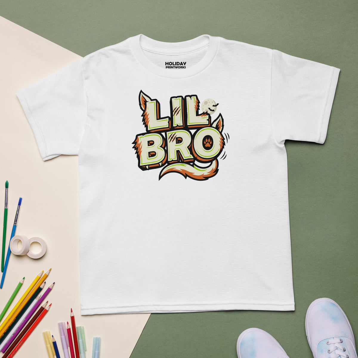 LIL BRO Halloween monster name Youth T-Shirt in White with spooky front lettering and blank back