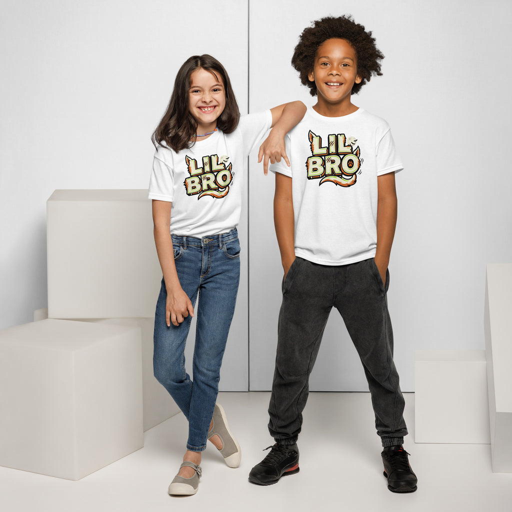 LIL BRO Halloween monster name Youth T-Shirt in White with spooky front lettering and blank back
