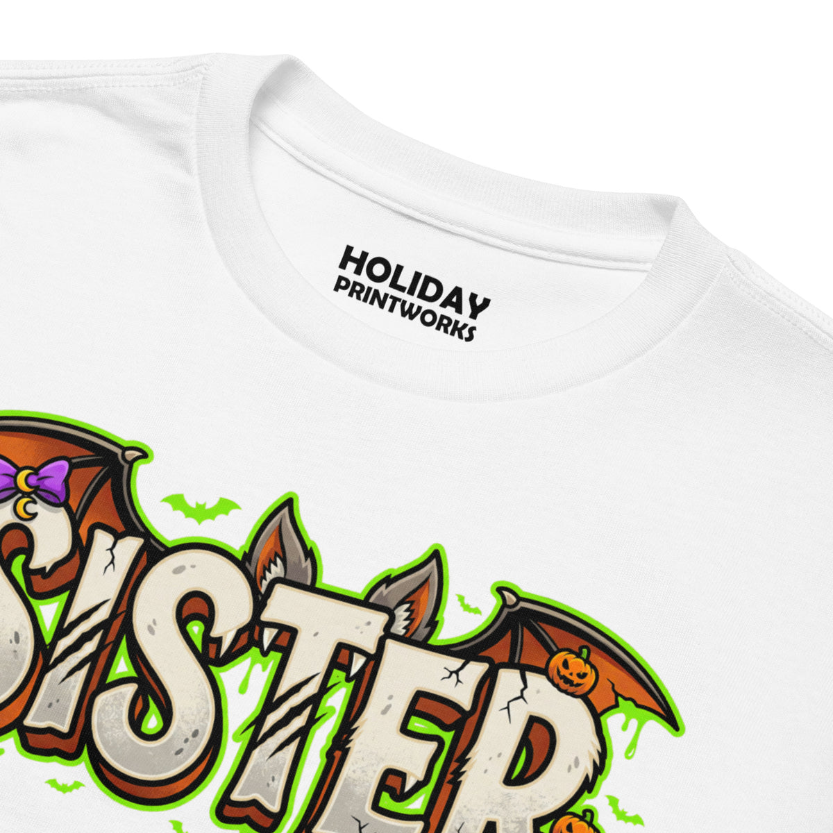 SISTER Halloween monster name Youth T-Shirt in Gold with spooky front lettering and blank back