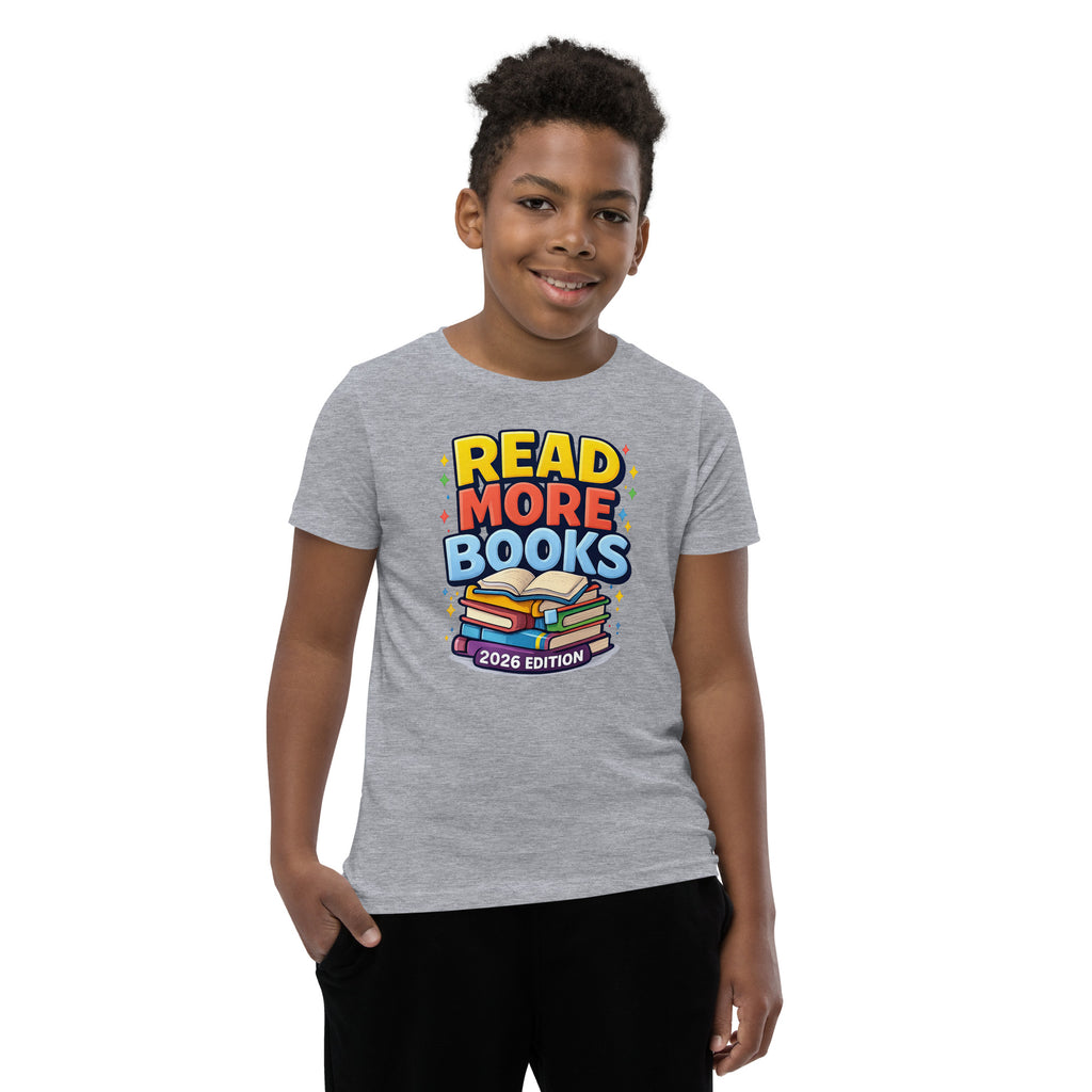 Back/detail view of Read More Books – 2026 Edition – Youth Short Sleeve T-Shirt (Kids graphic T-shirt