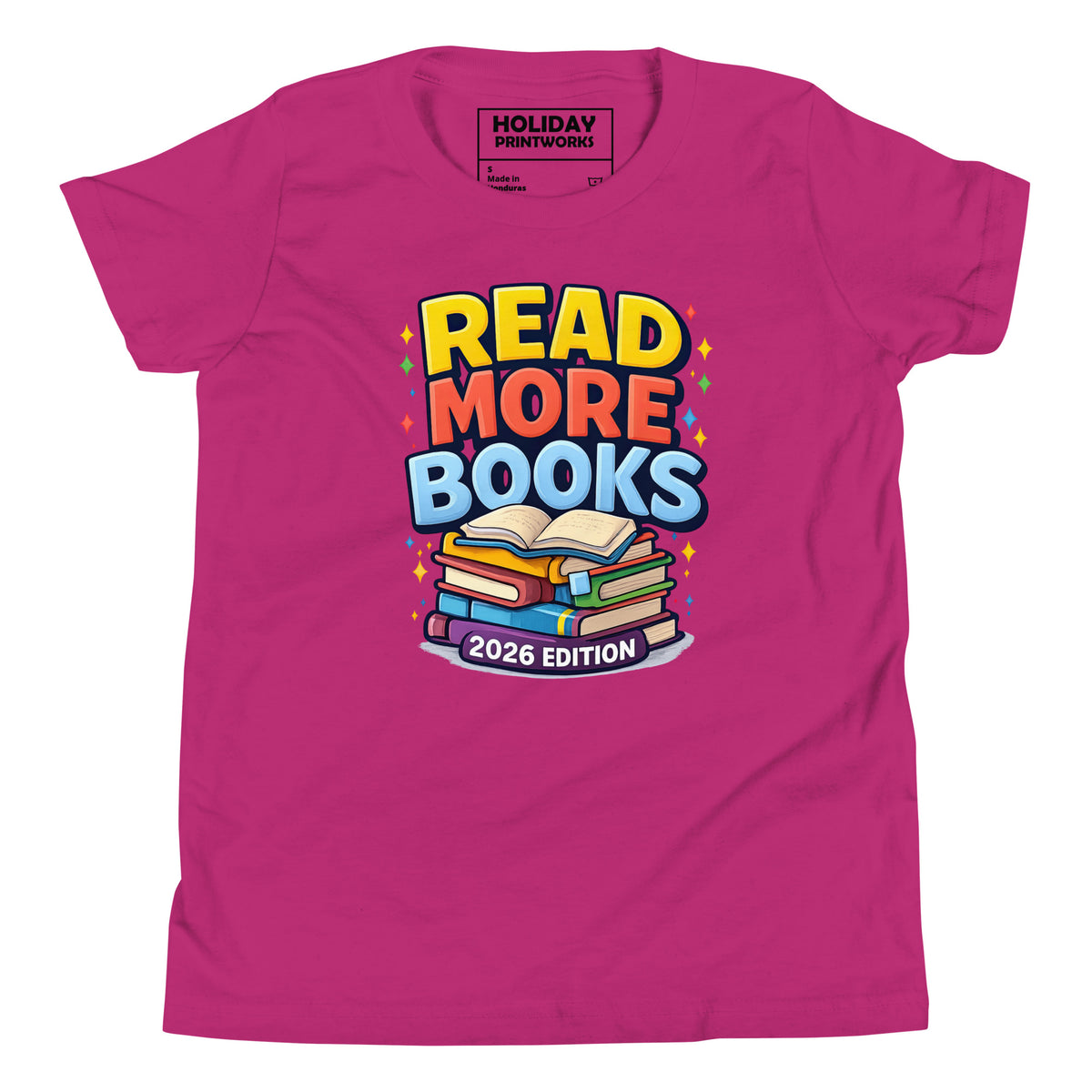 Back/detail view of Read More Books – 2026 Edition – Youth Short Sleeve T-Shirt (Kids graphic T-shirt