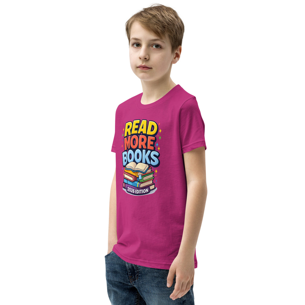 Back/detail view of Read More Books – 2026 Edition – Youth Short Sleeve T-Shirt (Kids graphic T-shirt