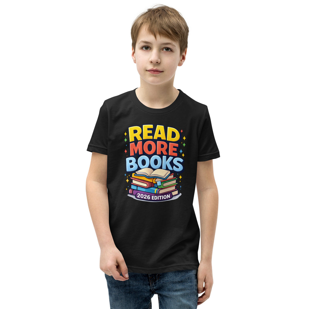Back/detail view of Read More Books – 2026 Edition – Youth Short Sleeve T-Shirt (Kids graphic T-shirt