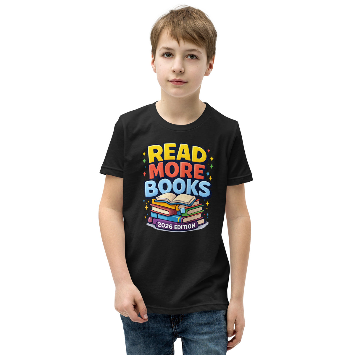 Back/detail view of Read More Books – 2026 Edition – Youth Short Sleeve T-Shirt (Kids graphic T-shirt
