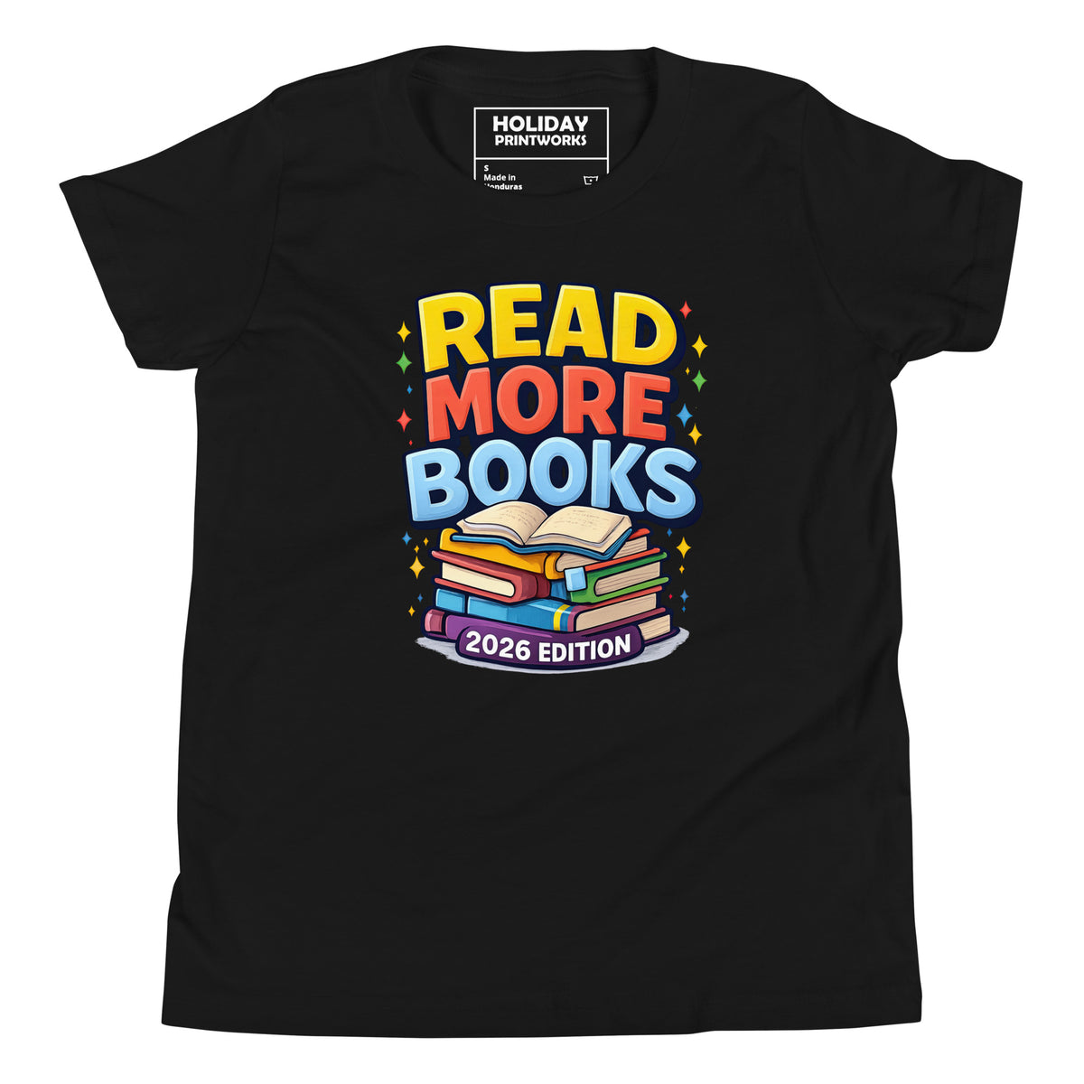 Front/product view of Read More Books – 2026 Edition – Youth Short Sleeve T-Shirt (Kids graphic T-shirt