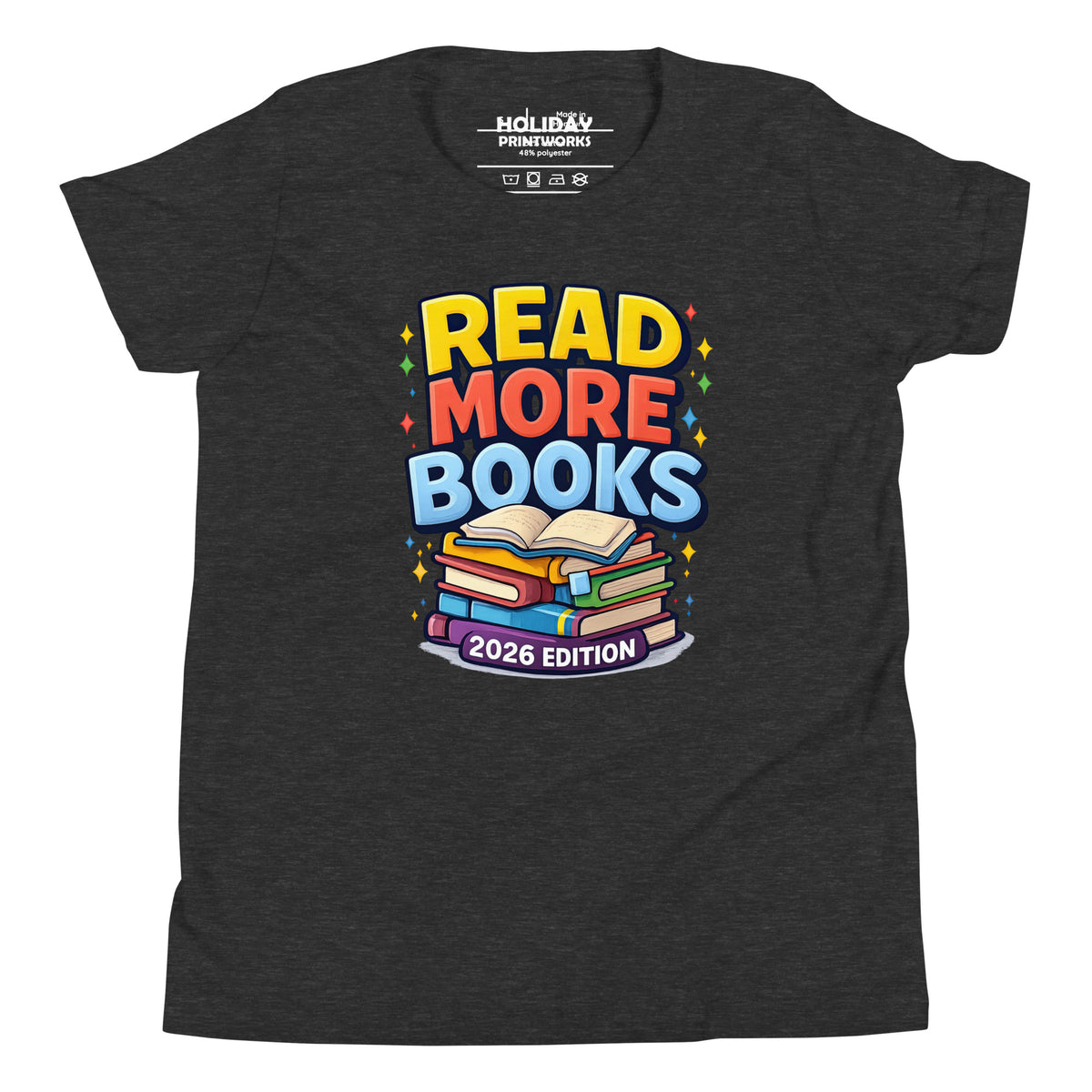 Back/detail view of Read More Books – 2026 Edition – Youth Short Sleeve T-Shirt (Kids graphic T-shirt