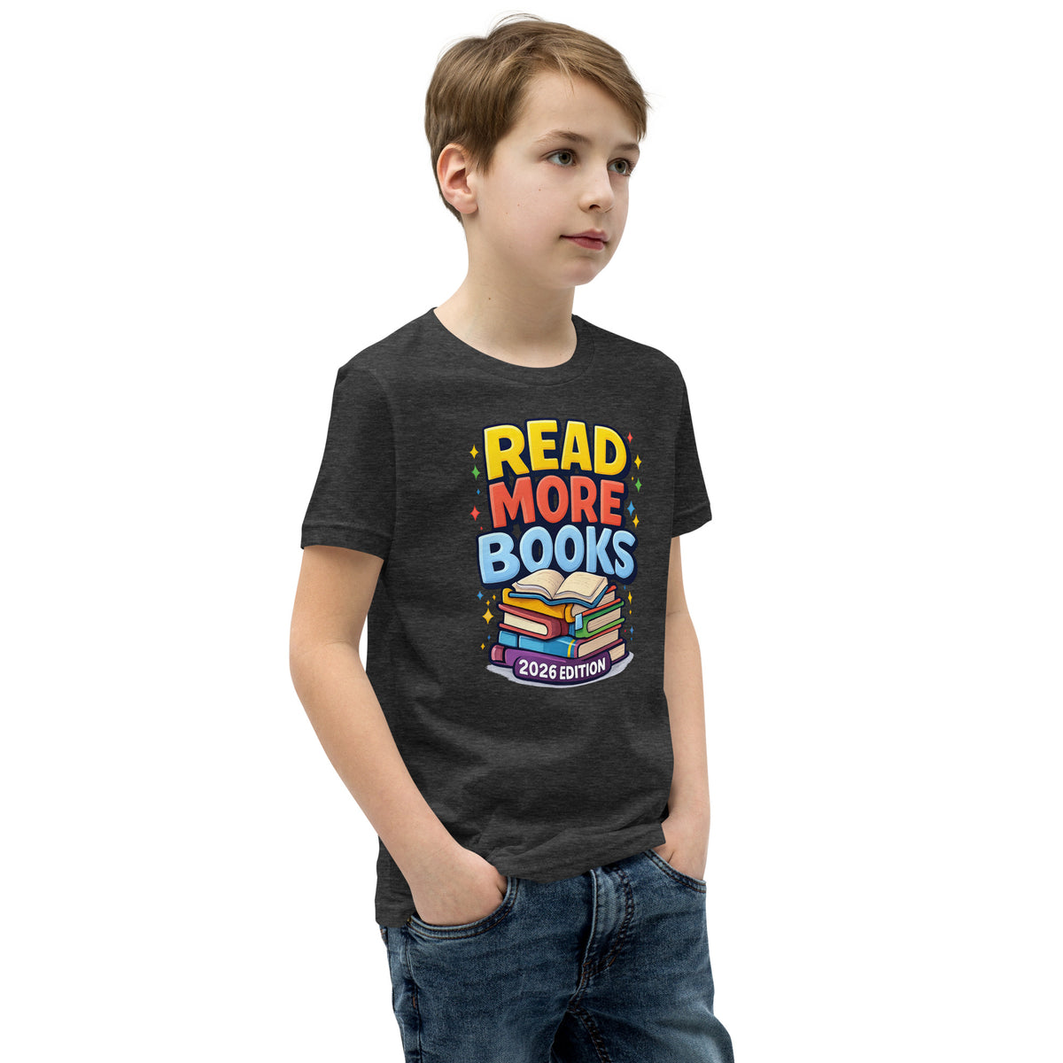 Back/detail view of Read More Books – 2026 Edition – Youth Short Sleeve T-Shirt (Kids graphic T-shirt