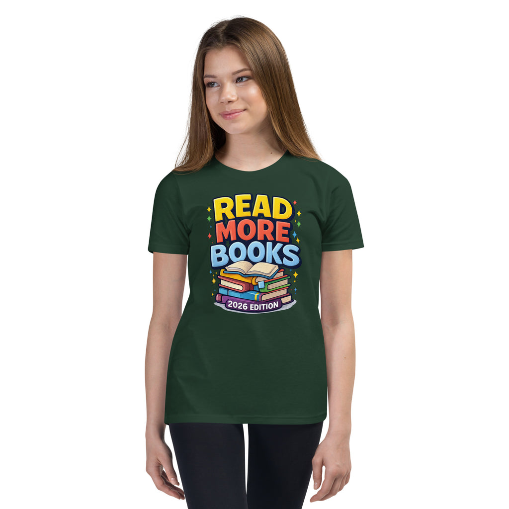 Back/detail view of Read More Books – 2026 Edition – Youth Short Sleeve T-Shirt (Kids graphic T-shirt