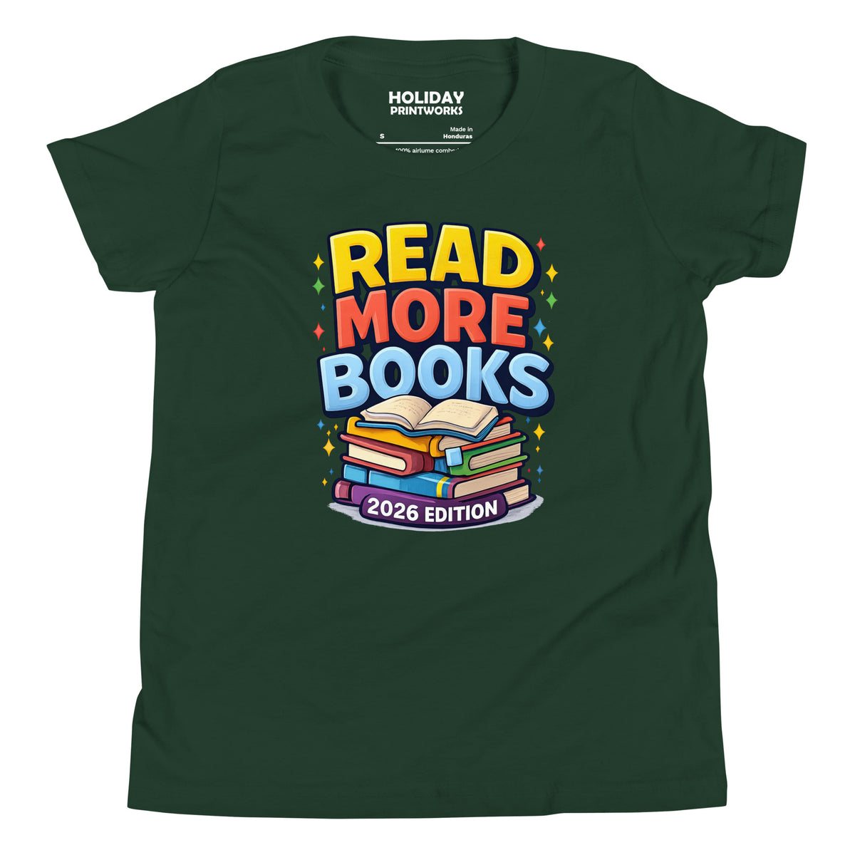 Back/detail view of Read More Books – 2026 Edition – Youth Short Sleeve T-Shirt (Kids graphic T-shirt