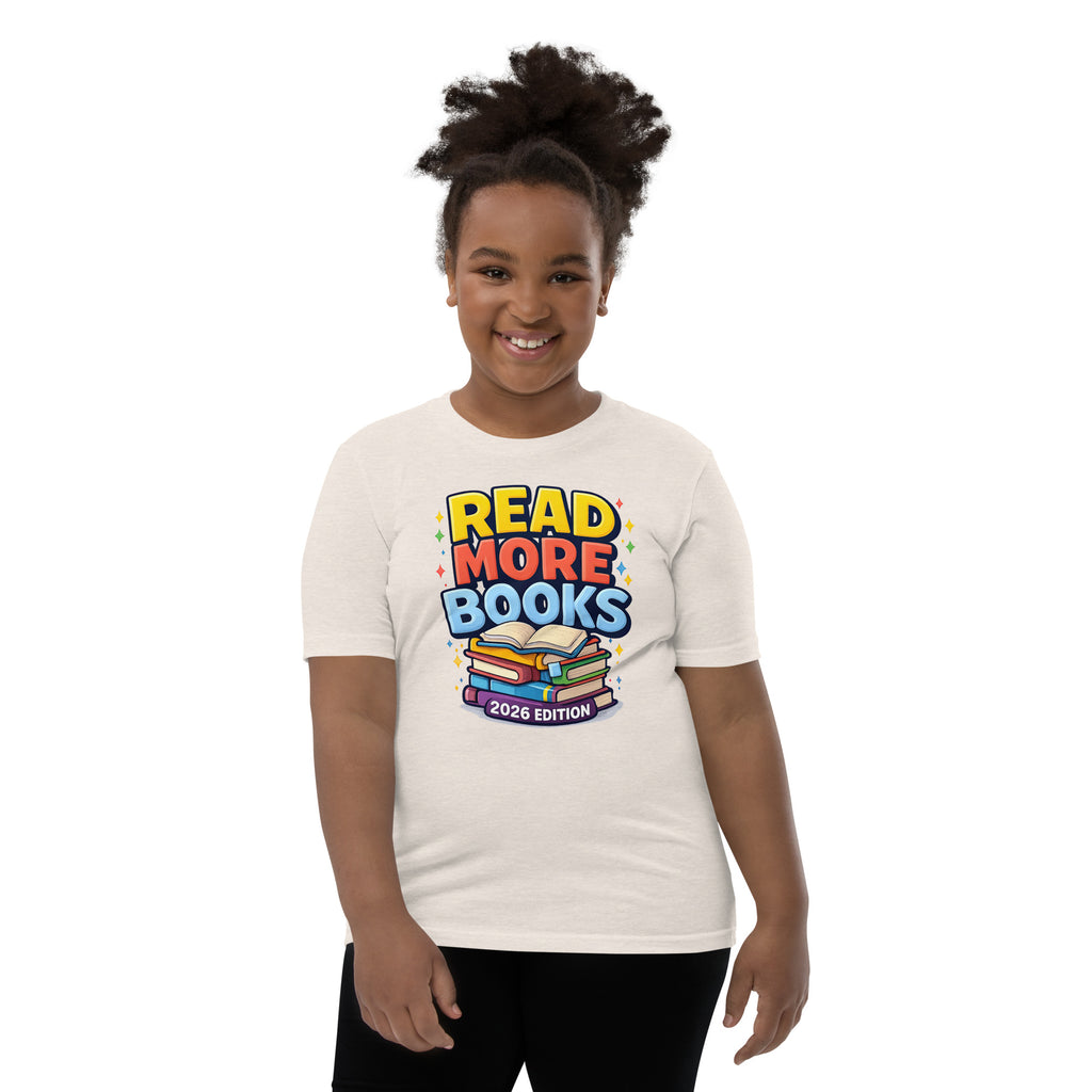 Back/detail view of Read More Books – 2026 Edition – Youth Short Sleeve T-Shirt (Kids graphic T-shirt