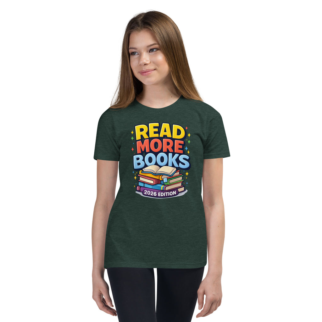 Back/detail view of Read More Books – 2026 Edition – Youth Short Sleeve T-Shirt (Kids graphic T-shirt