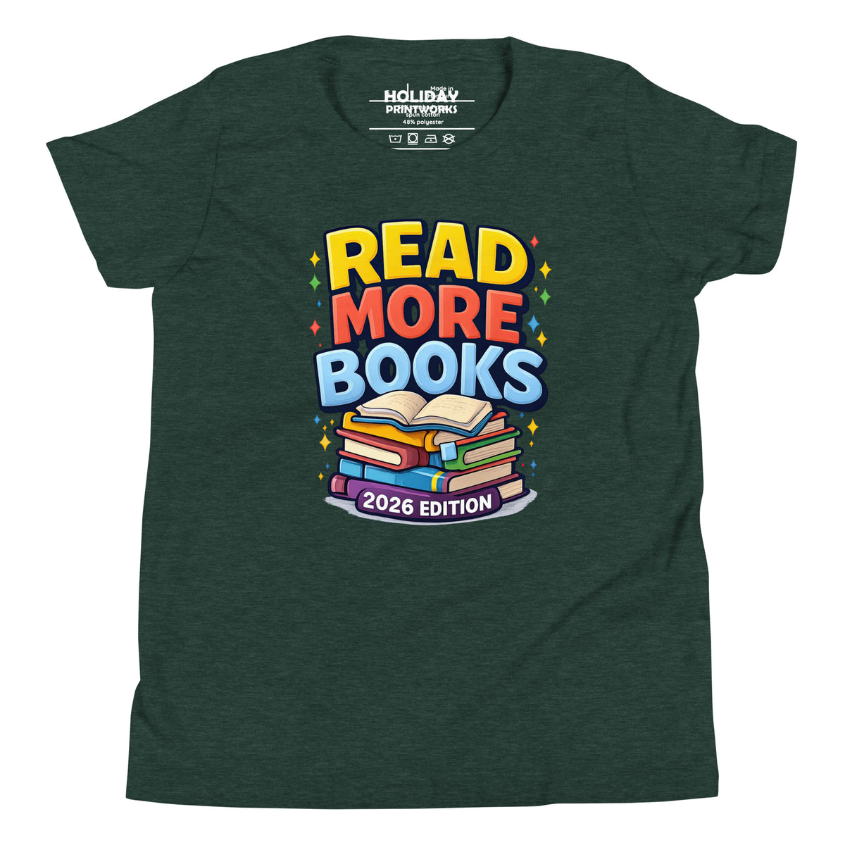 Back/detail view of Read More Books – 2026 Edition – Youth Short Sleeve T-Shirt (Kids graphic T-shirt