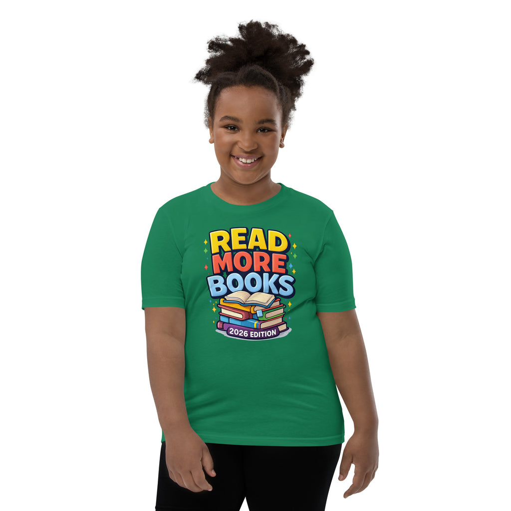 Back/detail view of Read More Books – 2026 Edition – Youth Short Sleeve T-Shirt (Kids graphic T-shirt