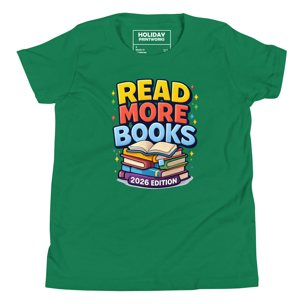 Back/detail view of Read More Books – 2026 Edition – Youth Short Sleeve T-Shirt (Kids graphic T-shirt