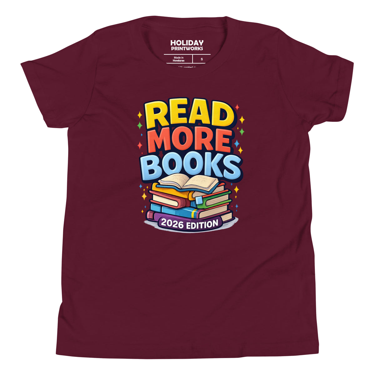 Back/detail view of Read More Books – 2026 Edition – Youth Short Sleeve T-Shirt (Kids graphic T-shirt