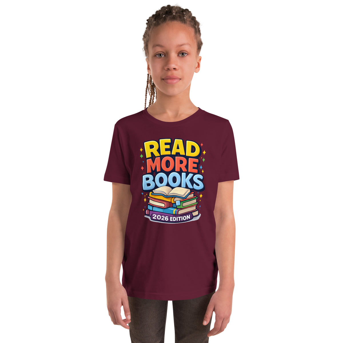 Back/detail view of Read More Books – 2026 Edition – Youth Short Sleeve T-Shirt (Kids graphic T-shirt