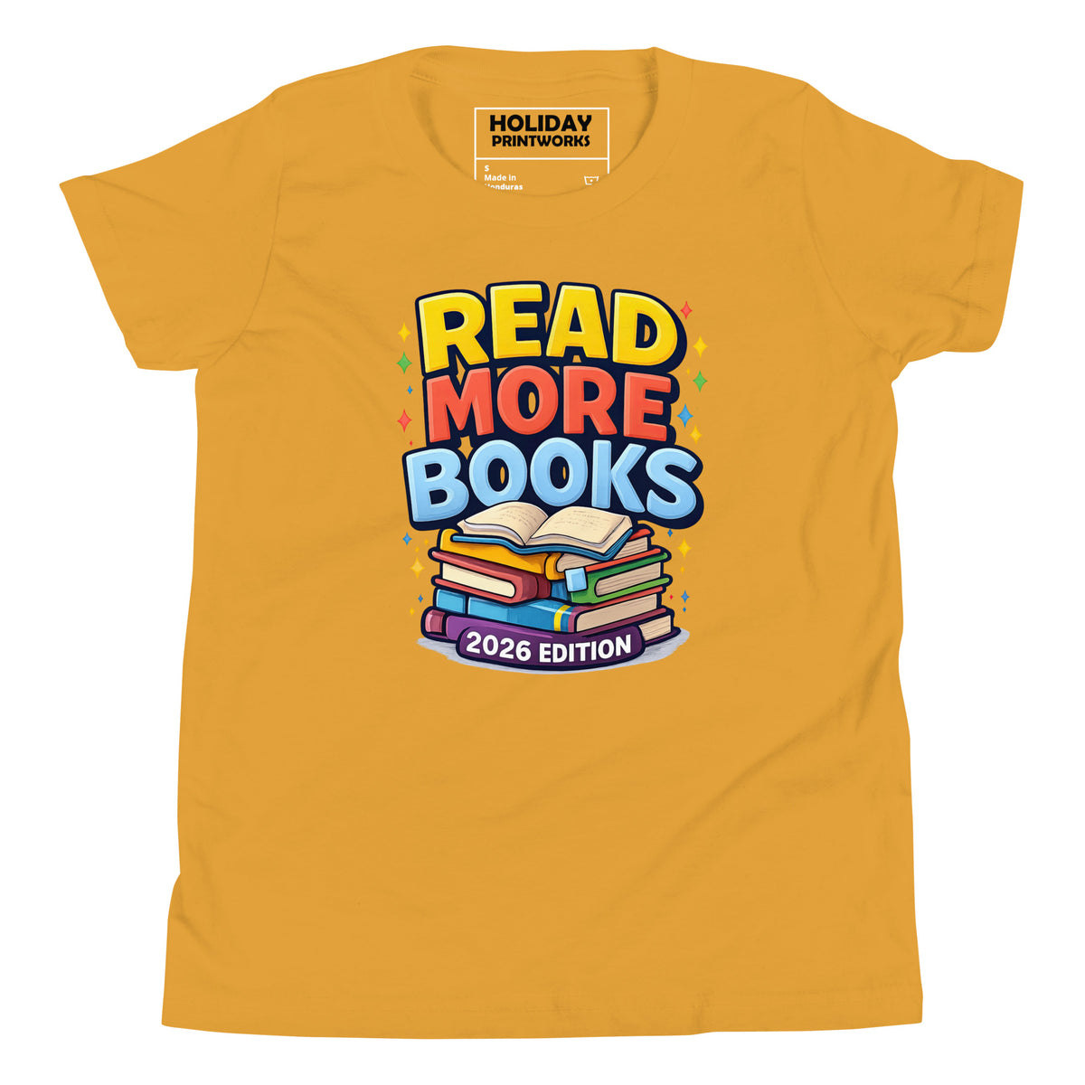 Back/detail view of Read More Books – 2026 Edition – Youth Short Sleeve T-Shirt (Kids graphic T-shirt