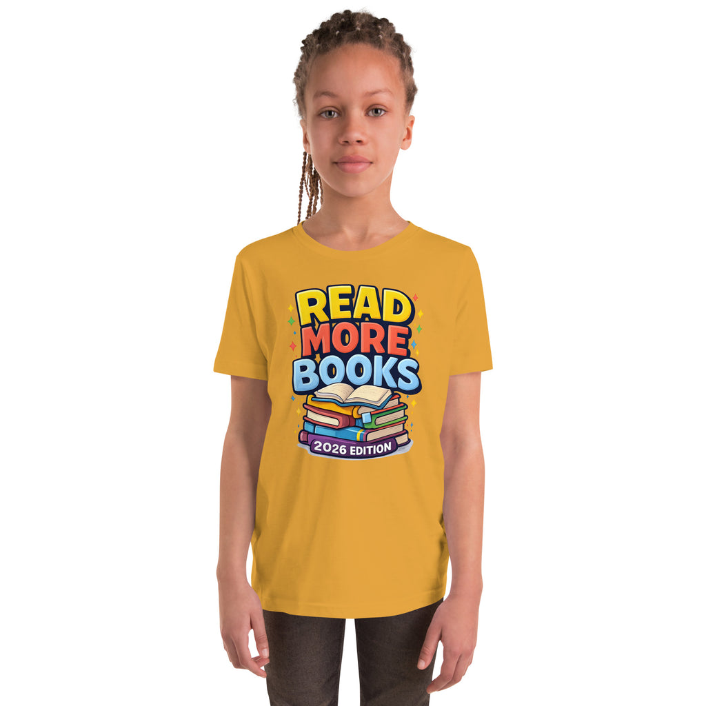 Back/detail view of Read More Books – 2026 Edition – Youth Short Sleeve T-Shirt (Kids graphic T-shirt
