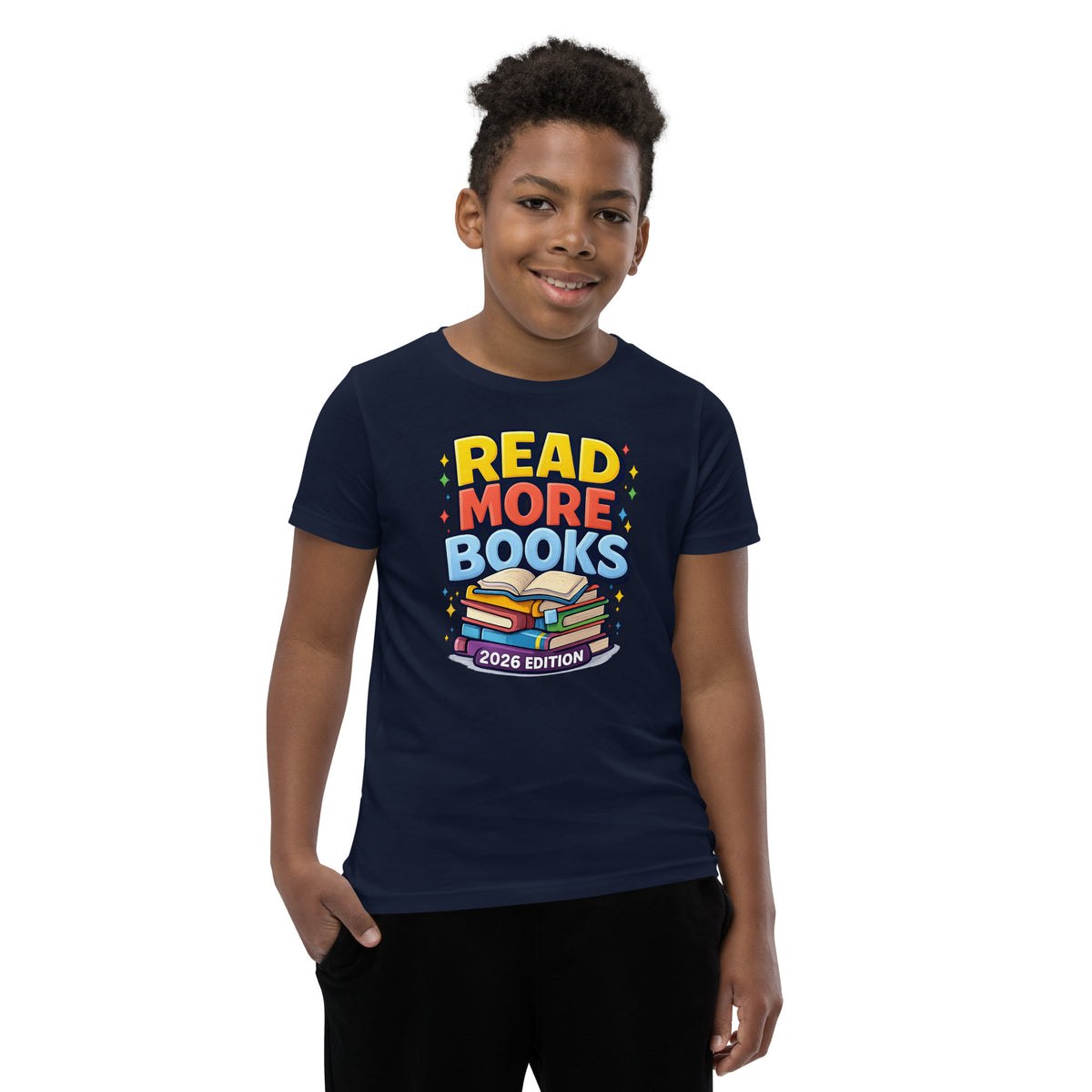 Back/detail view of Read More Books – 2026 Edition – Youth Short Sleeve T-Shirt (Kids graphic T-shirt