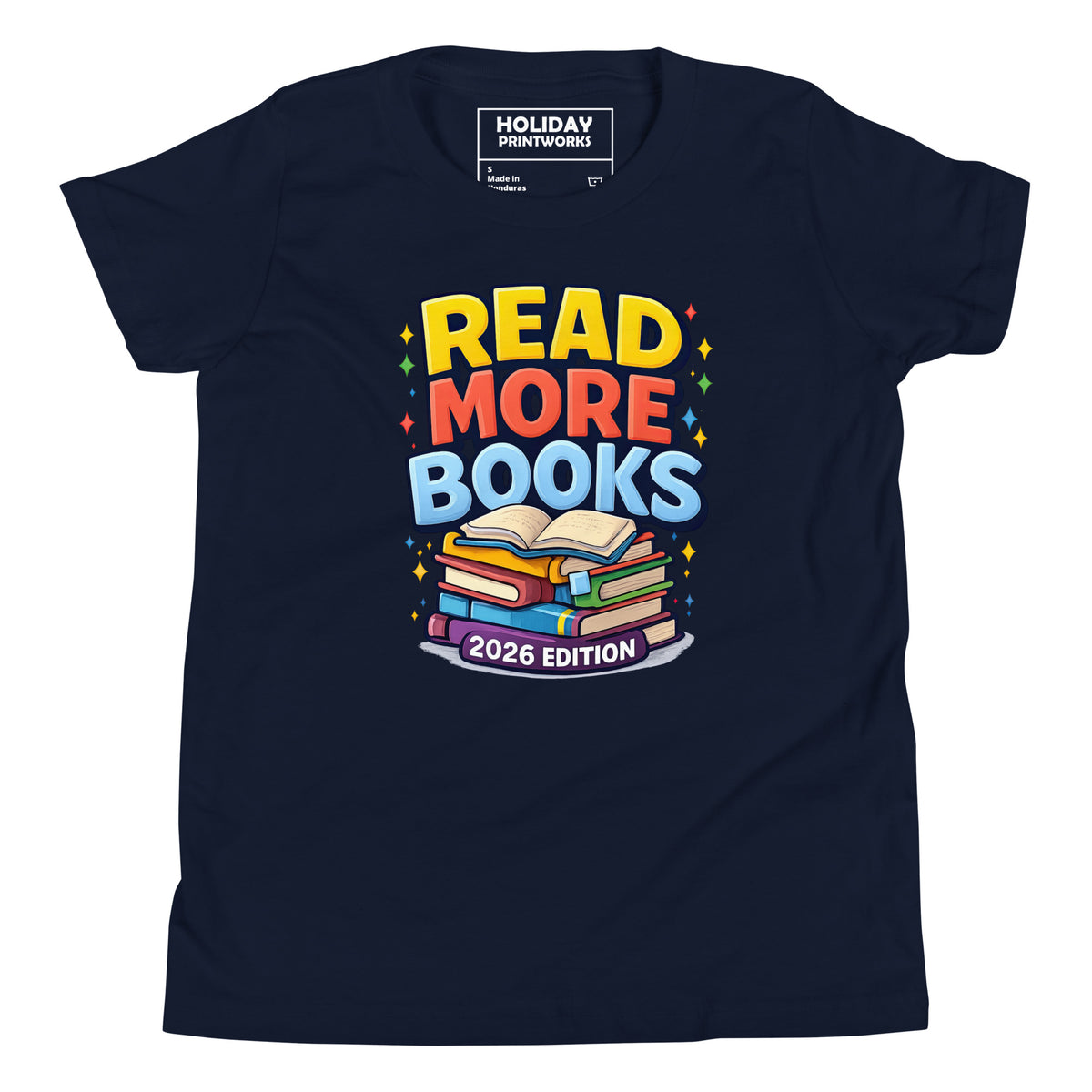 Back/detail view of Read More Books – 2026 Edition – Youth Short Sleeve T-Shirt (Kids graphic T-shirt