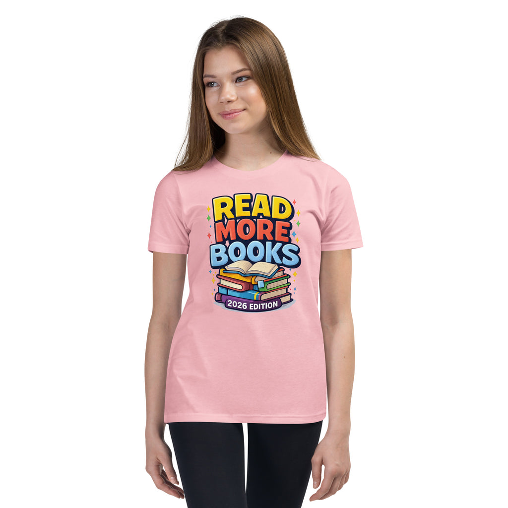 Back/detail view of Read More Books – 2026 Edition – Youth Short Sleeve T-Shirt (Kids graphic T-shirt
