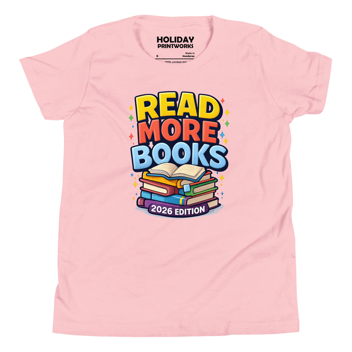 Back/detail view of Read More Books – 2026 Edition – Youth Short Sleeve T-Shirt (Kids graphic T-shirt