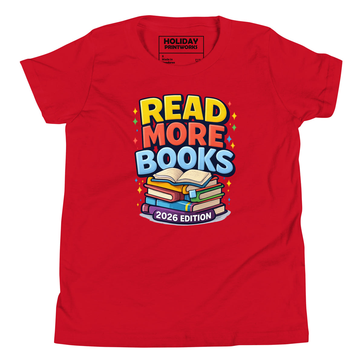 Back/detail view of Read More Books – 2026 Edition – Youth Short Sleeve T-Shirt (Kids graphic T-shirt
