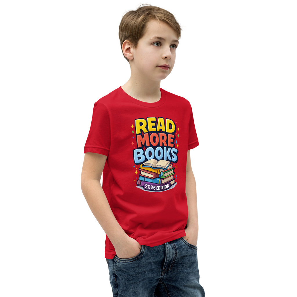 Back/detail view of Read More Books – 2026 Edition – Youth Short Sleeve T-Shirt (Kids graphic T-shirt