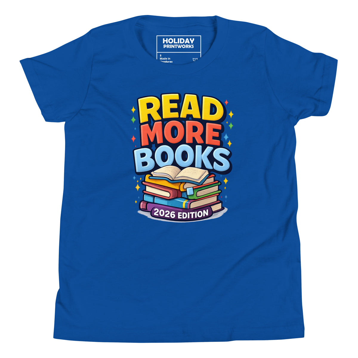 Back/detail view of Read More Books – 2026 Edition – Youth Short Sleeve T-Shirt (Kids graphic T-shirt