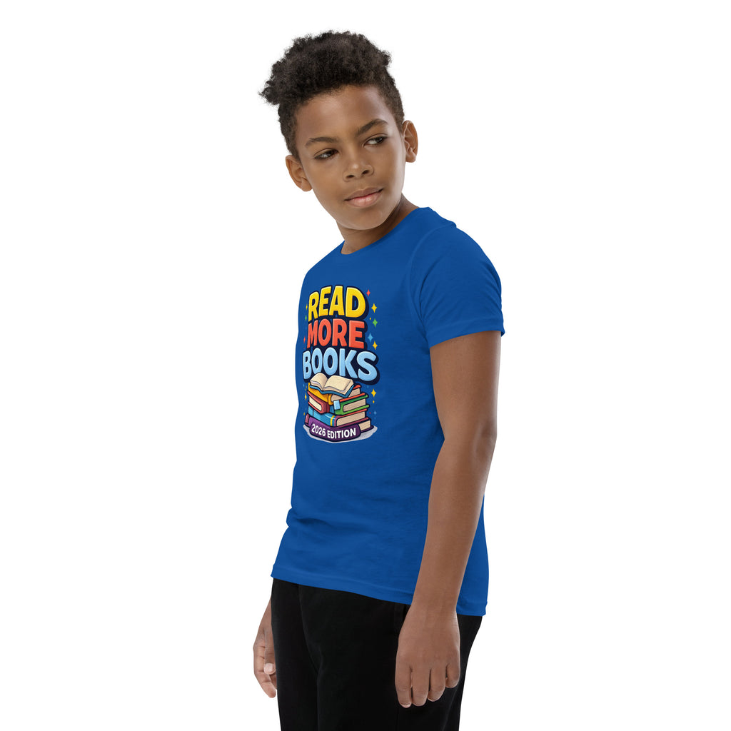 Back/detail view of Read More Books – 2026 Edition – Youth Short Sleeve T-Shirt (Kids graphic T-shirt