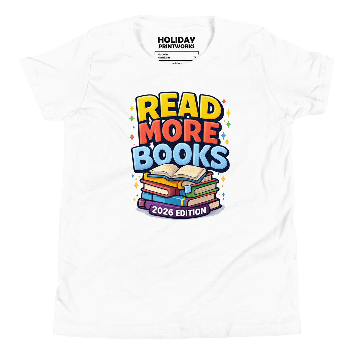 Back/detail view of Read More Books – 2026 Edition – Youth Short Sleeve T-Shirt (Kids graphic T-shirt