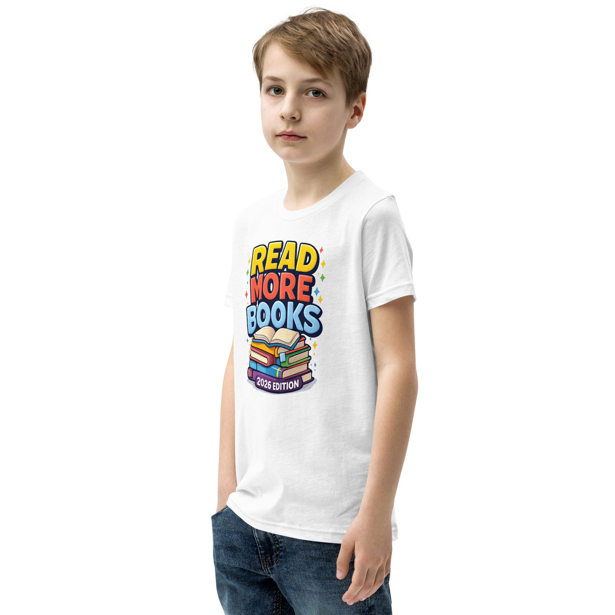 Back/detail view of Read More Books – 2026 Edition – Youth Short Sleeve T-Shirt (Kids graphic T-shirt